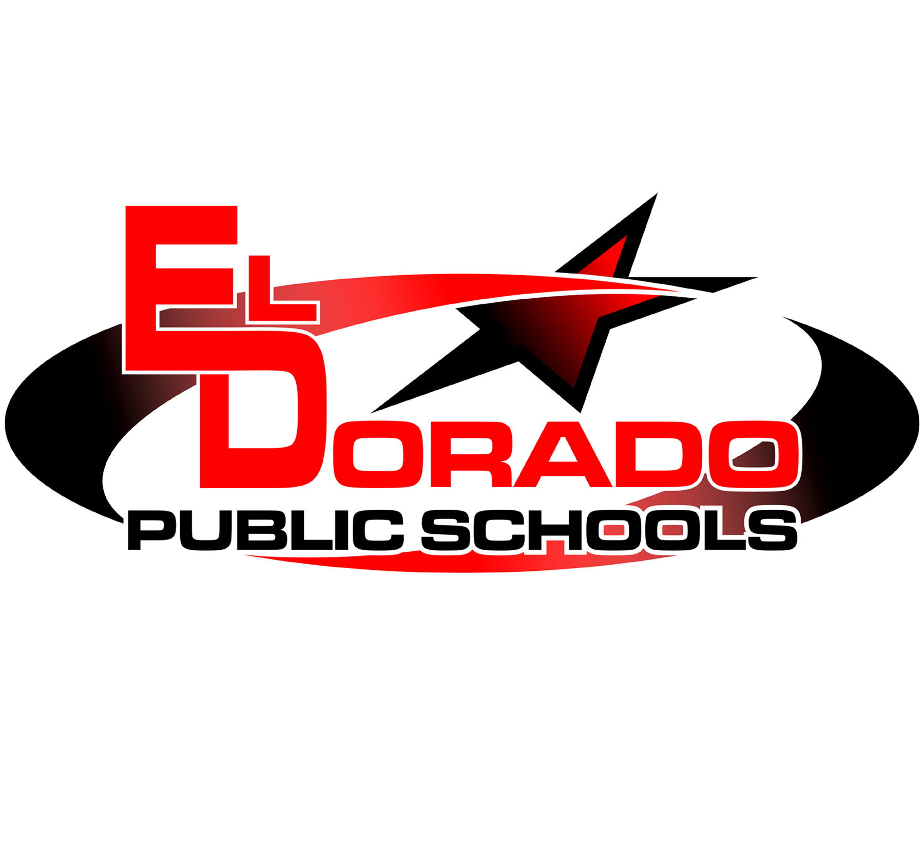 USD 490 logo Red text: El Dorado black text: Public Schools with a black oval and a red and black star on top