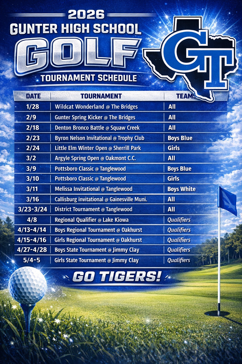 2026 Gunter High School Gold Schedule