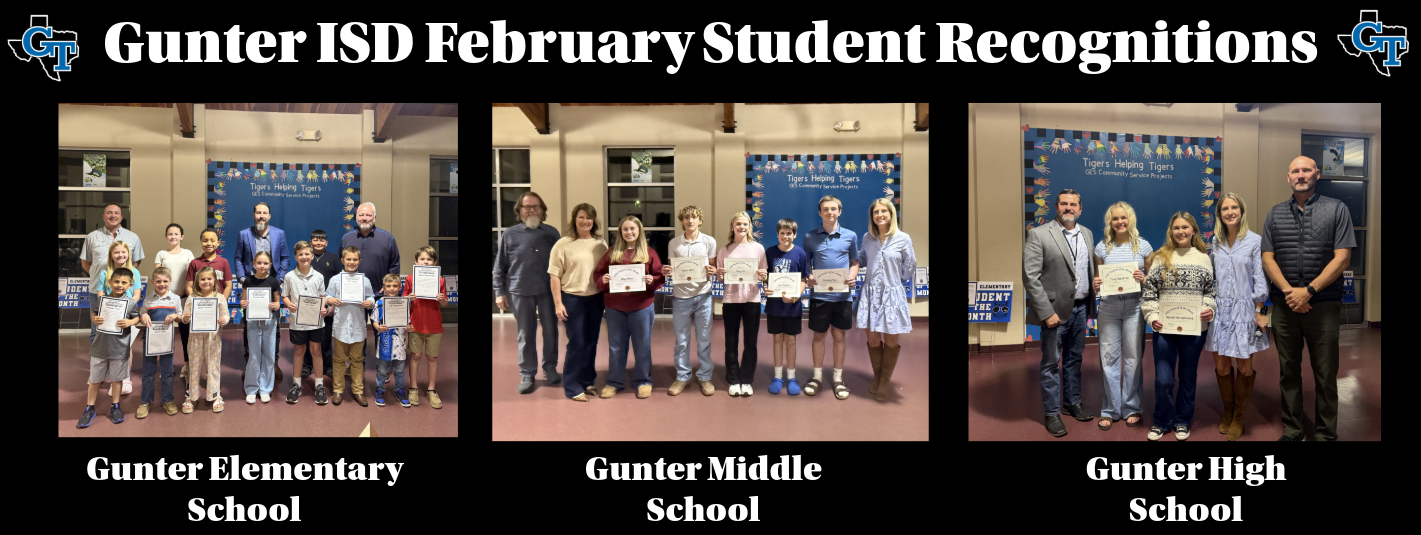 Three panels showing students receiving awards. Top: Gunter Elementary School. Middle: Gunter Middle School. Bottom: Gunter High School.