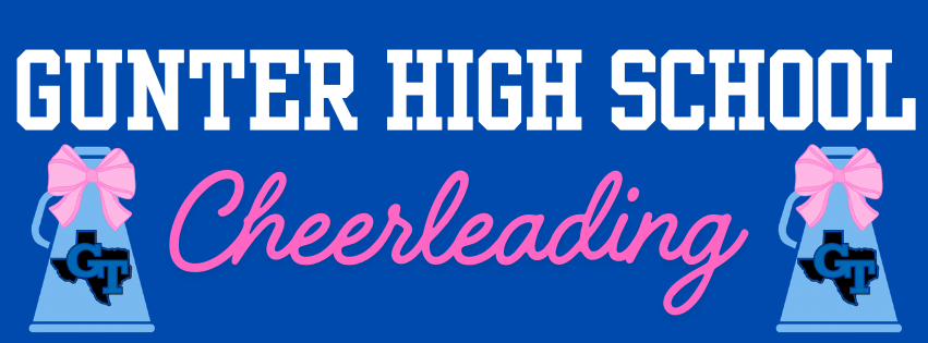 A blue background displays "Gunter High School Cheerleading" with two blue figures featuring pink bows.