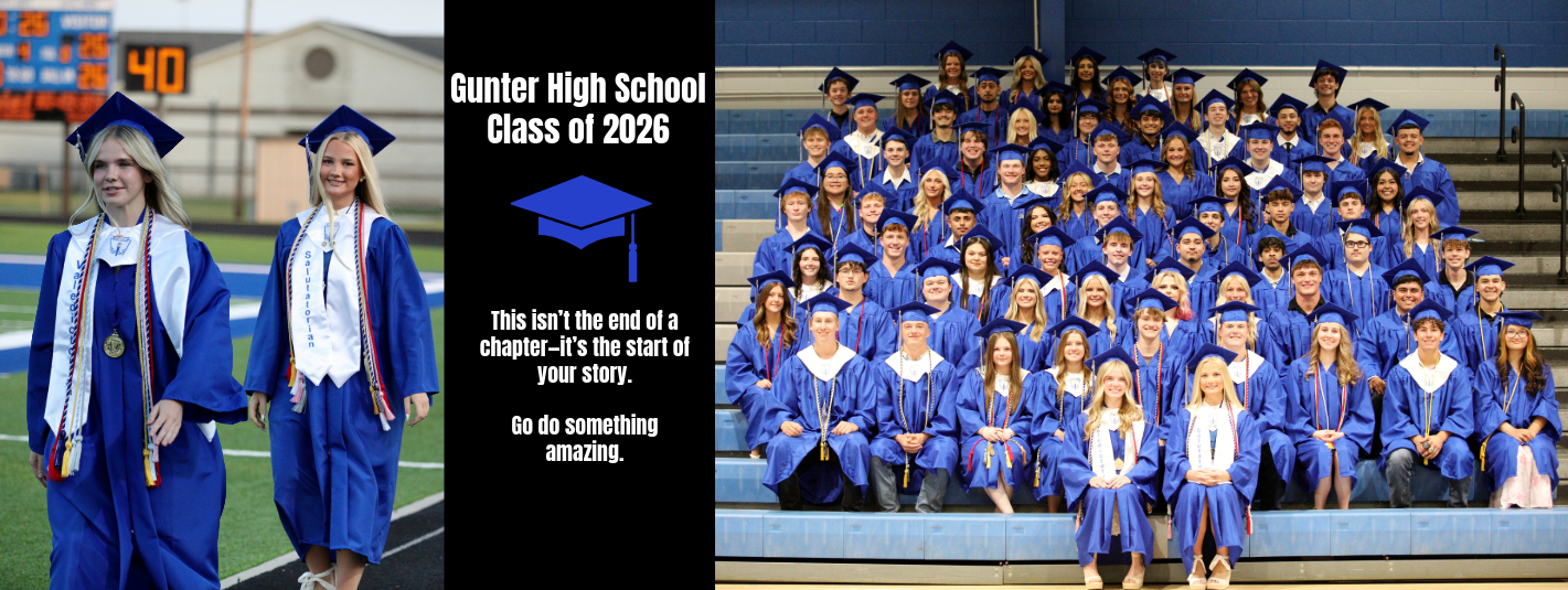 Graduates in blue gowns and caps stand on a field and sit on bleachers at a school.