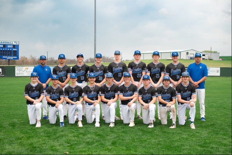 Team on a baseball field, wearing blue and white uniforms, standing in a row with a grassy field in the background.