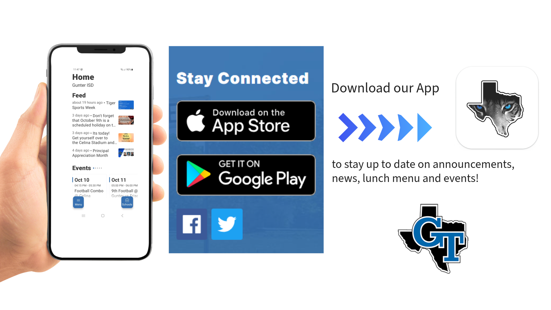 A hand holds a smartphone displaying a menu. An app ad on a blue background shows logos for Apple App Store, Google Play, and social media.
