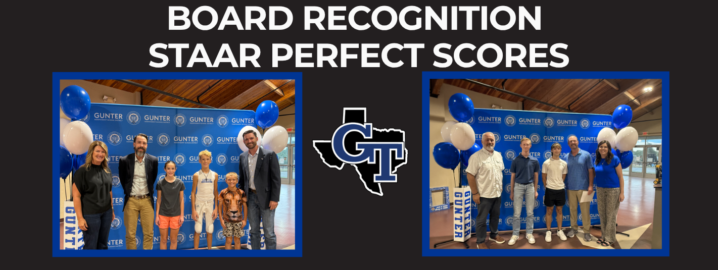 Two collages of people in front of a blue wall with "Board Recognition Staar Perfect Scores" and a logo.