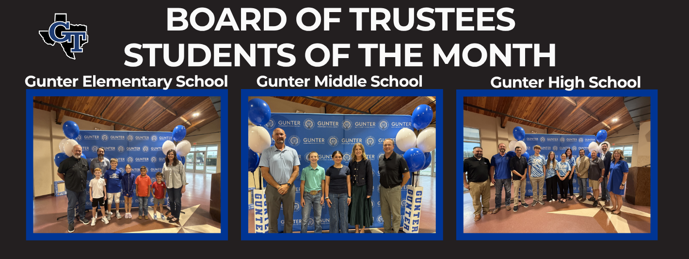 A collage of three photos shows students with a board of trustees. Each photo includes a group of students and staff.