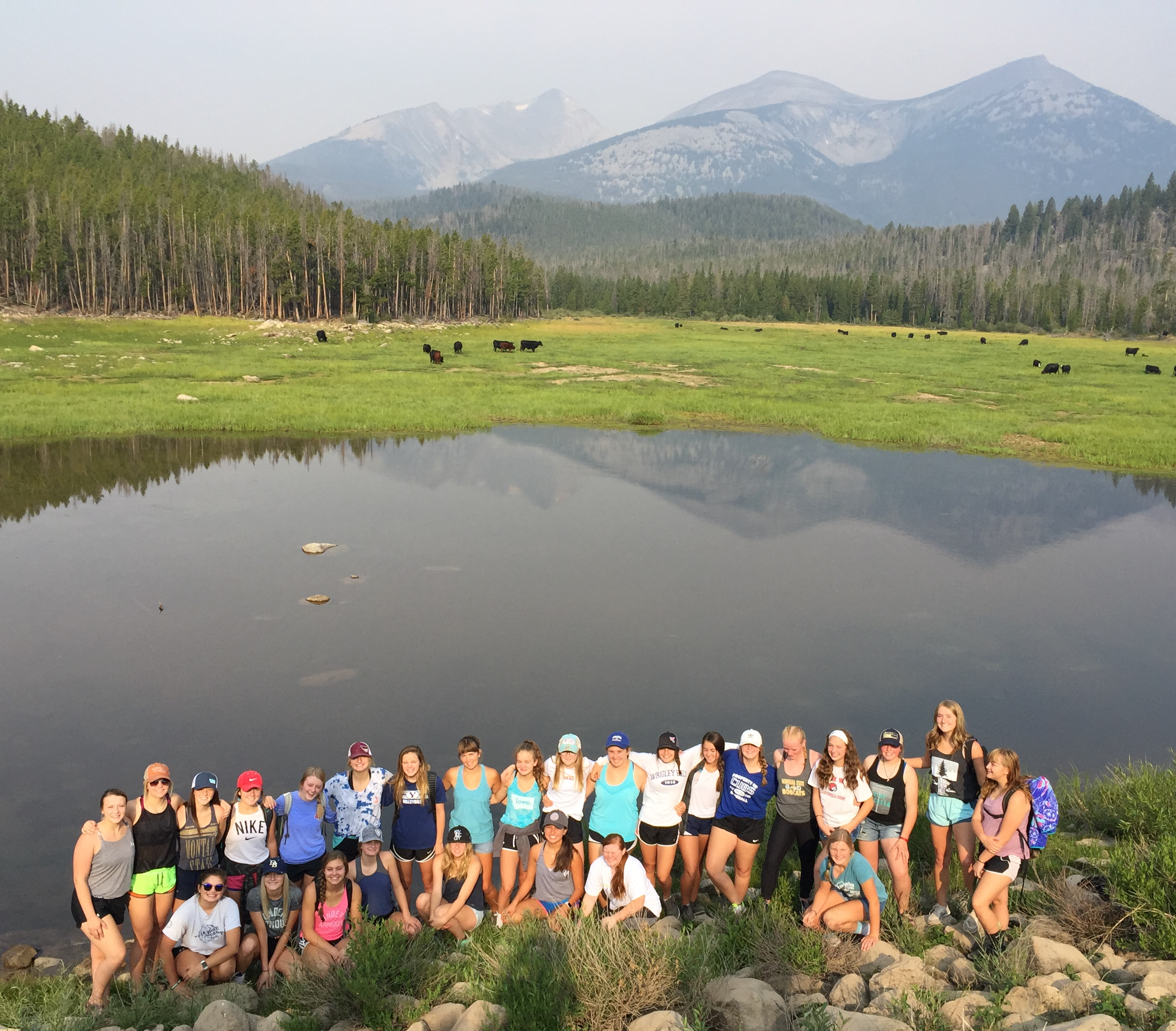 A photo of the volleyball team on a hike to Bond Lake August 2018
