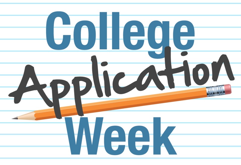 A graphic that says College Application Week on a piece of loose leaf paper with a pencil