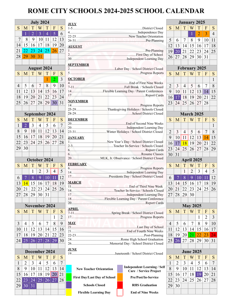 Rome City Schools 2024-2025 School Calendar