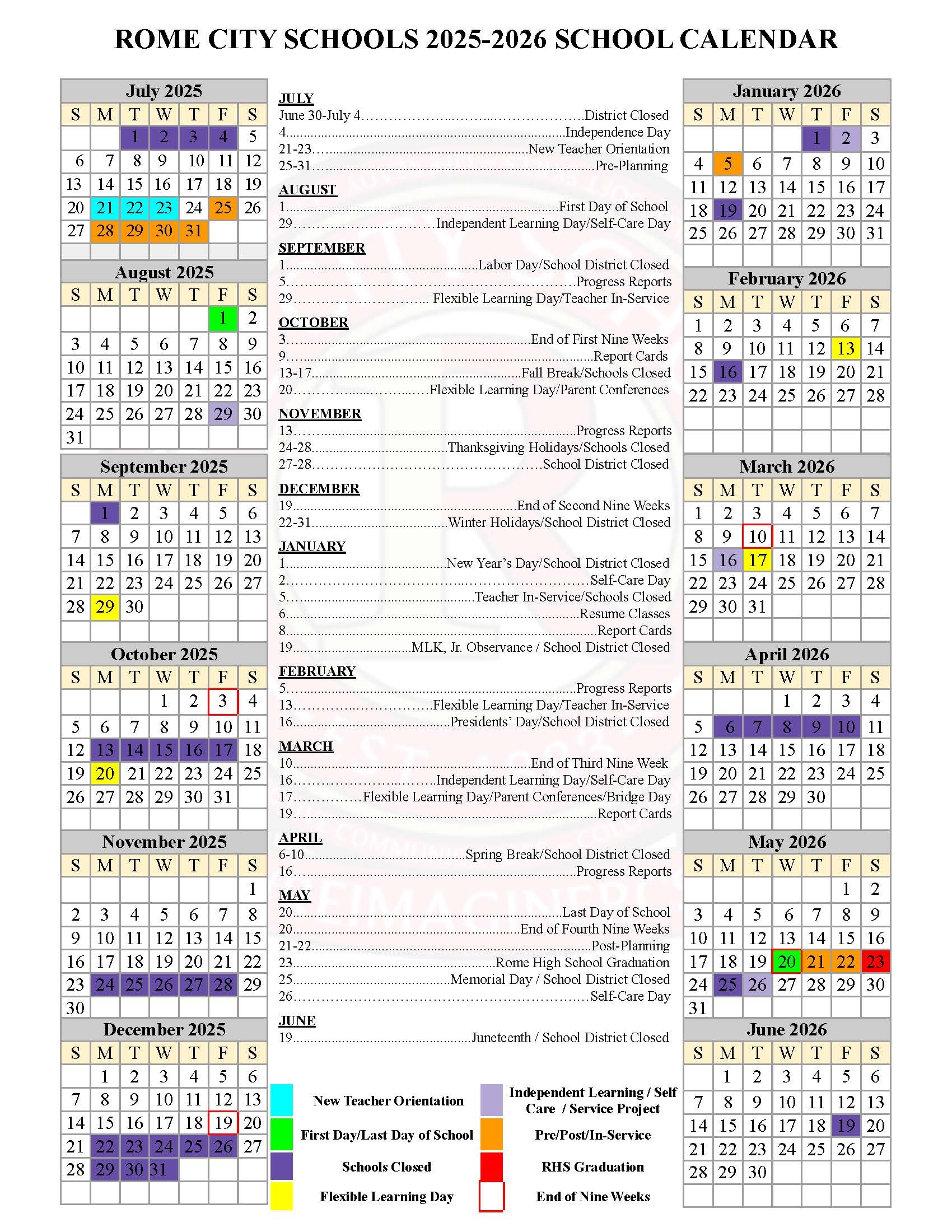 Rome City Schools 2024-2025 School Calendar