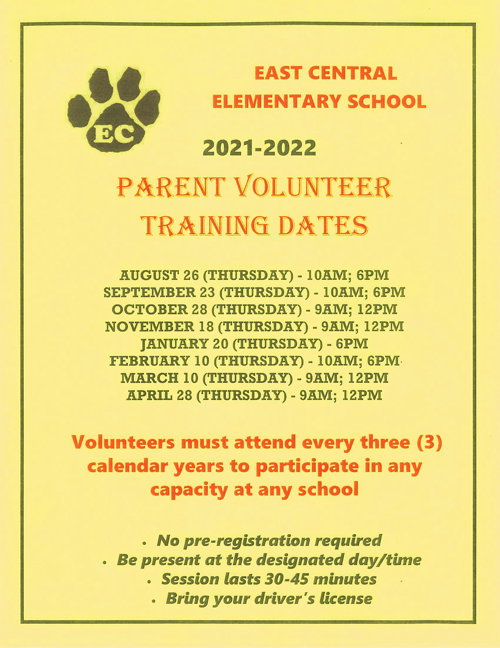 Parent Volunteer Training Dates -Call 706-232-8310 for specific dates. 