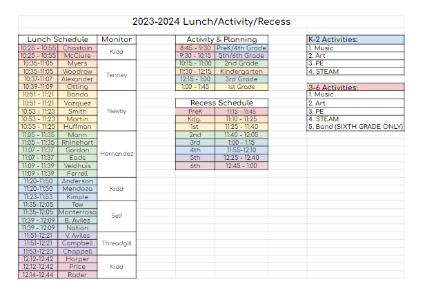 2023-2024 Lunch/Recess/Activity Schedule