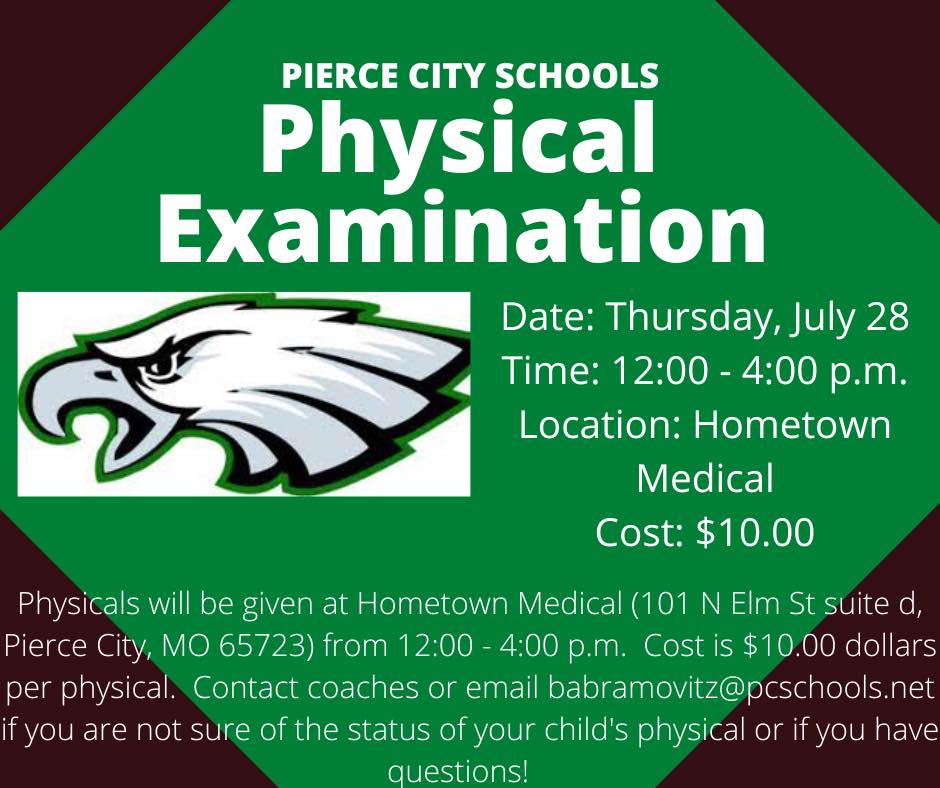 Phycial Examinations July 28 at Hometown Medical.  12-4pm. $10