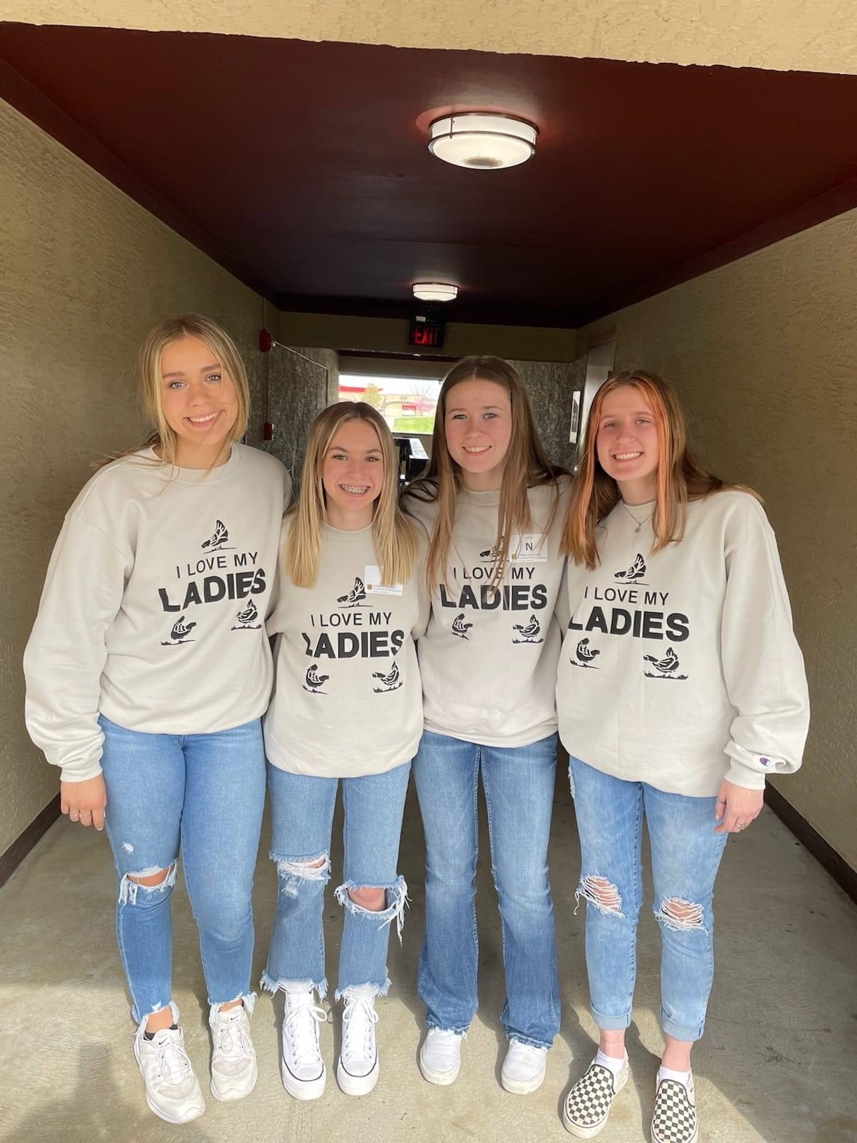4 FFA girls wearing I love my ladies chicken shirts