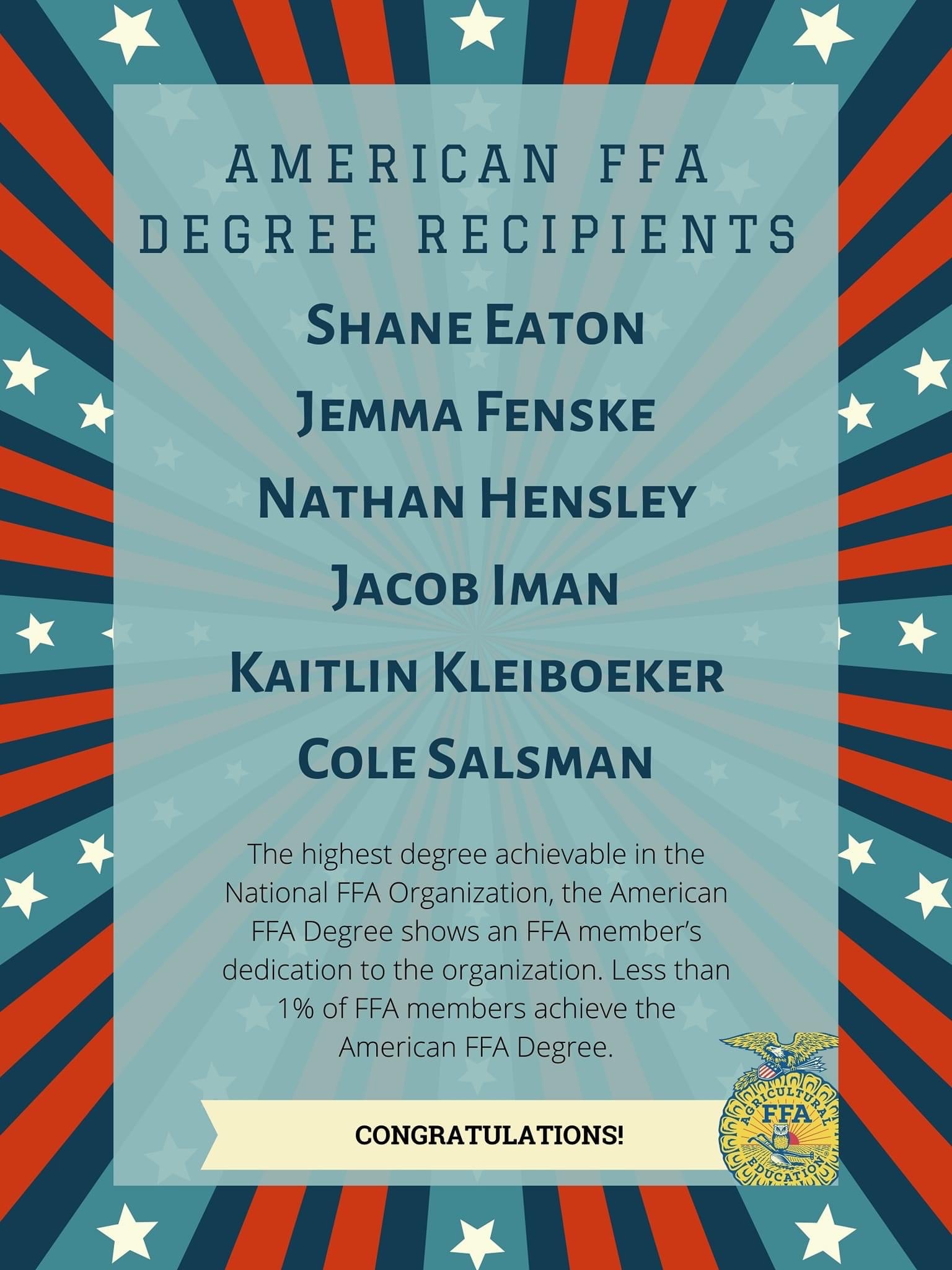 american ffa degree recipients: Shane Eaton, Jemma Fenske, Nathan Hensley, Jacob Iman, Kaitlin Kleiboeker, Cole Salsman