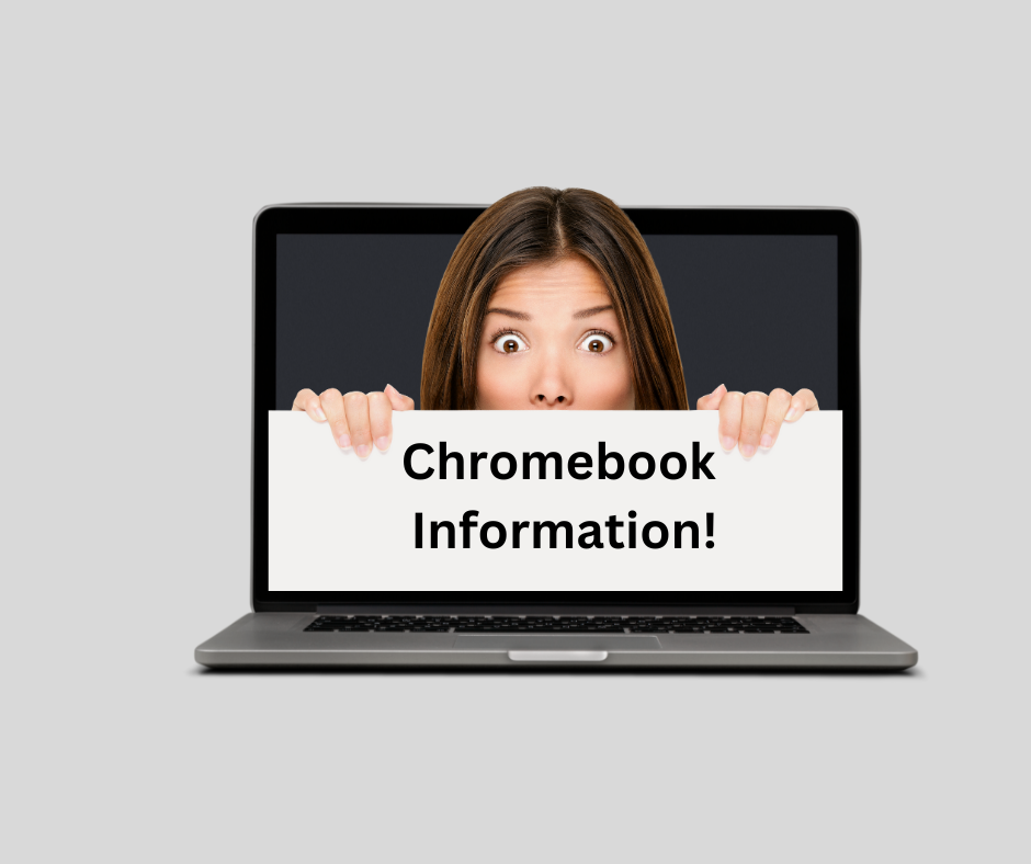 Lady on chromebook with a sign saying chromebook information