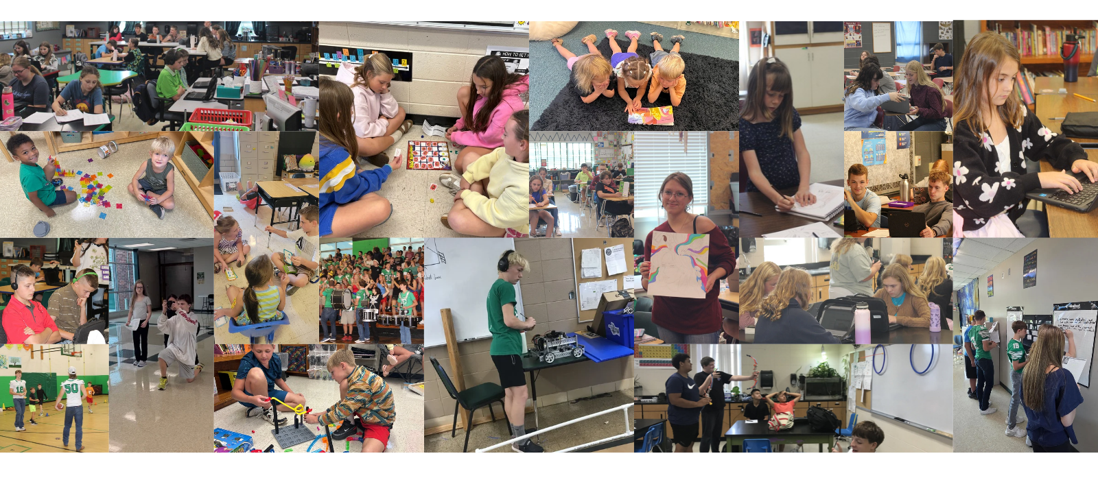 collage of students working, reading, and playing