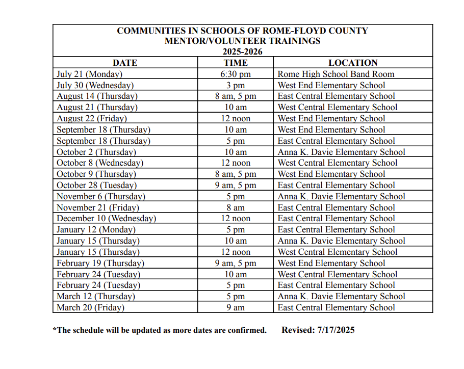 Volunteer Training Dates