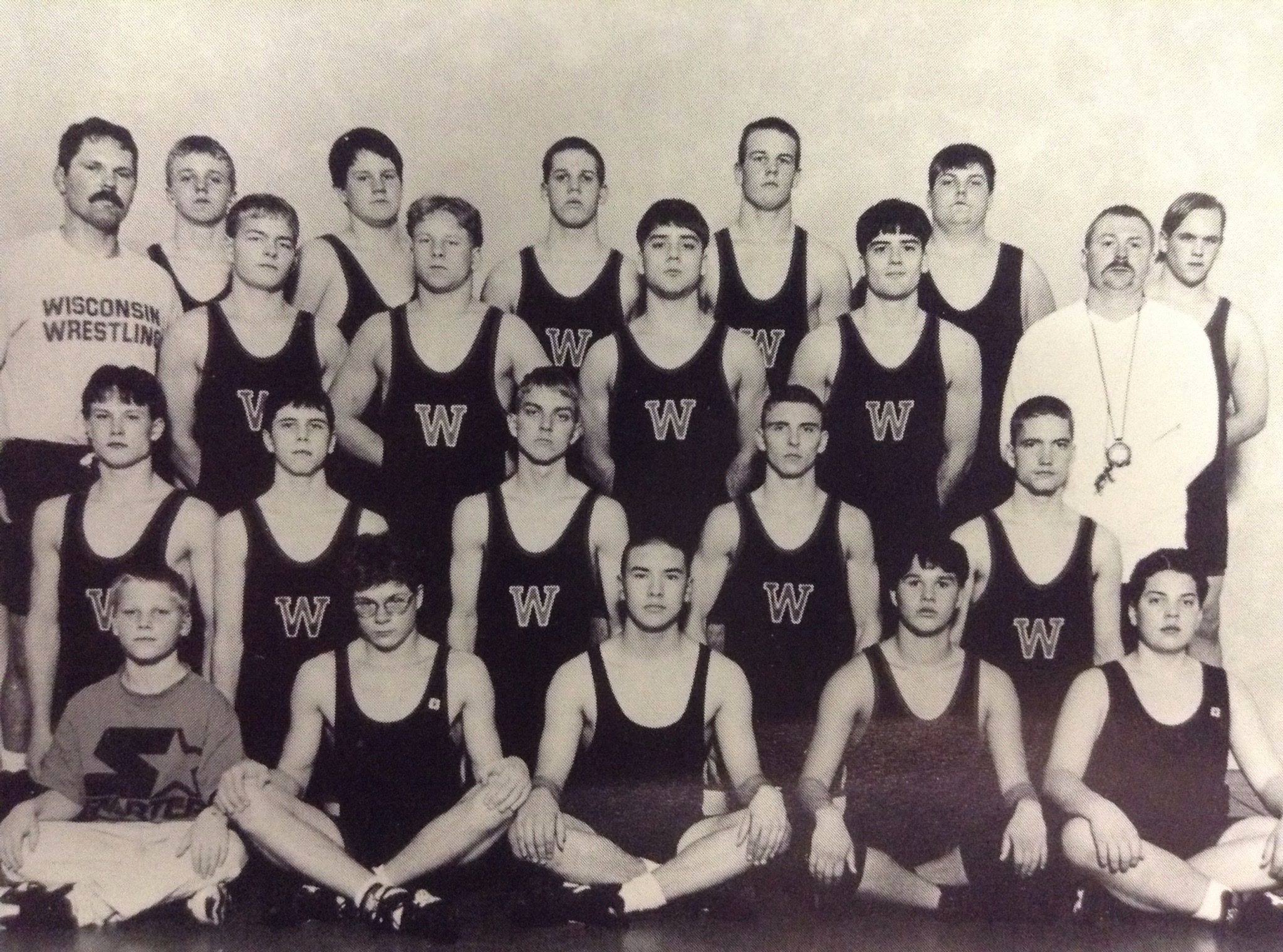 1995-1996 Whitehall Norsemen Wrestling Team (Left to right, top to bottom) Head Coach Jeff Hauser, R. Mikelson, T. Danzinger, Arend Geurink, Neal Moen, S. Foss, Jeremy Foss, Lucas Hanson, Ryan Martinovici, Assistant Coach Mark Helgeson, J. Tiffany, Mike Estenson, Josh Borreson, Lee Meinerz, Jasen Anderson, Manager P. Hanson, S. Newman, Cy Getts, Jeff Nelson, R. Oddness