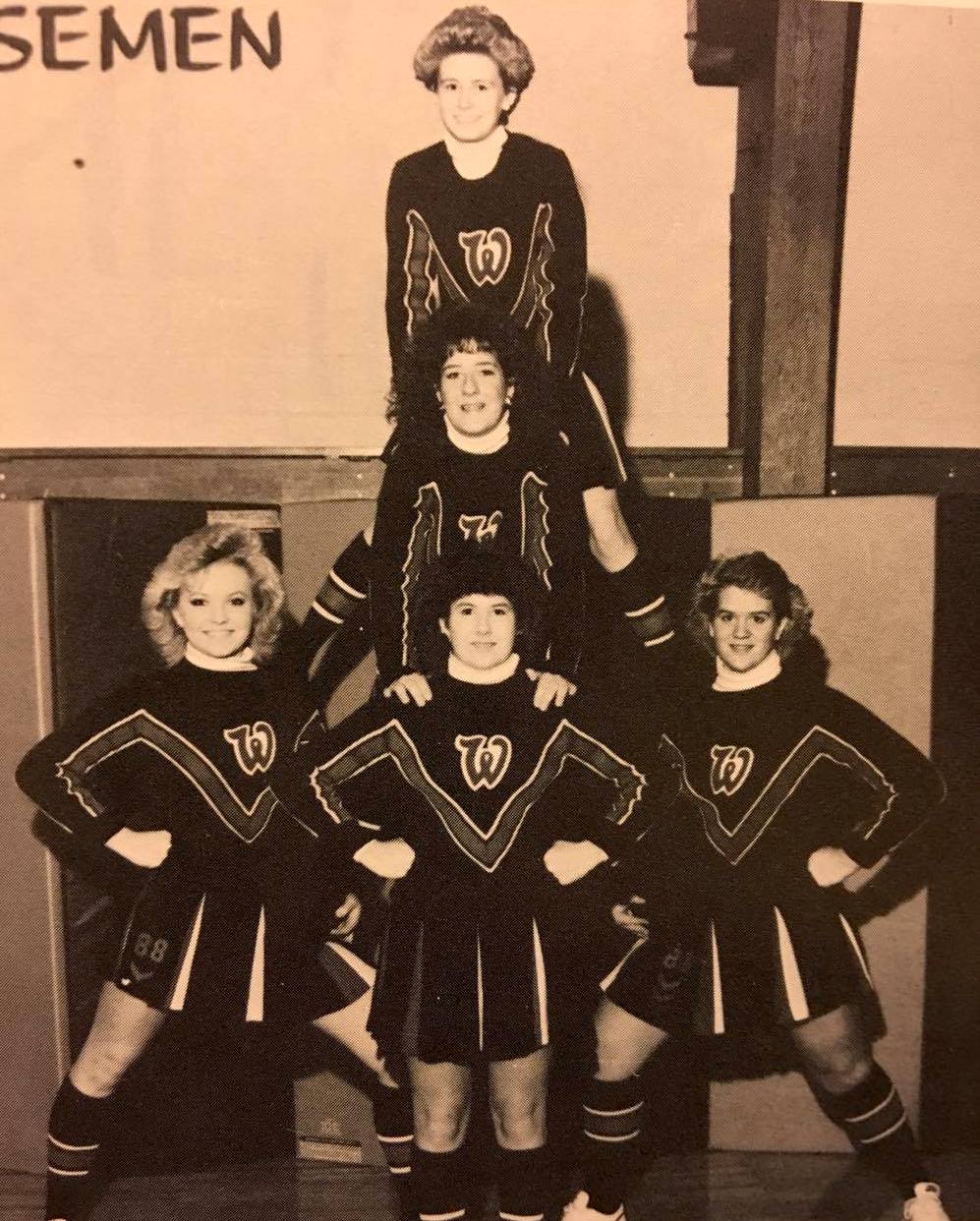 Wrestling Cheerleaders: Melinda Scharlau (Left), Sara Peterson (Bottom Center), Renae Helstad (Captain, Far Right), Barbara Lambeck (Middle of Pyramid) , Tammy Thompson (Top).