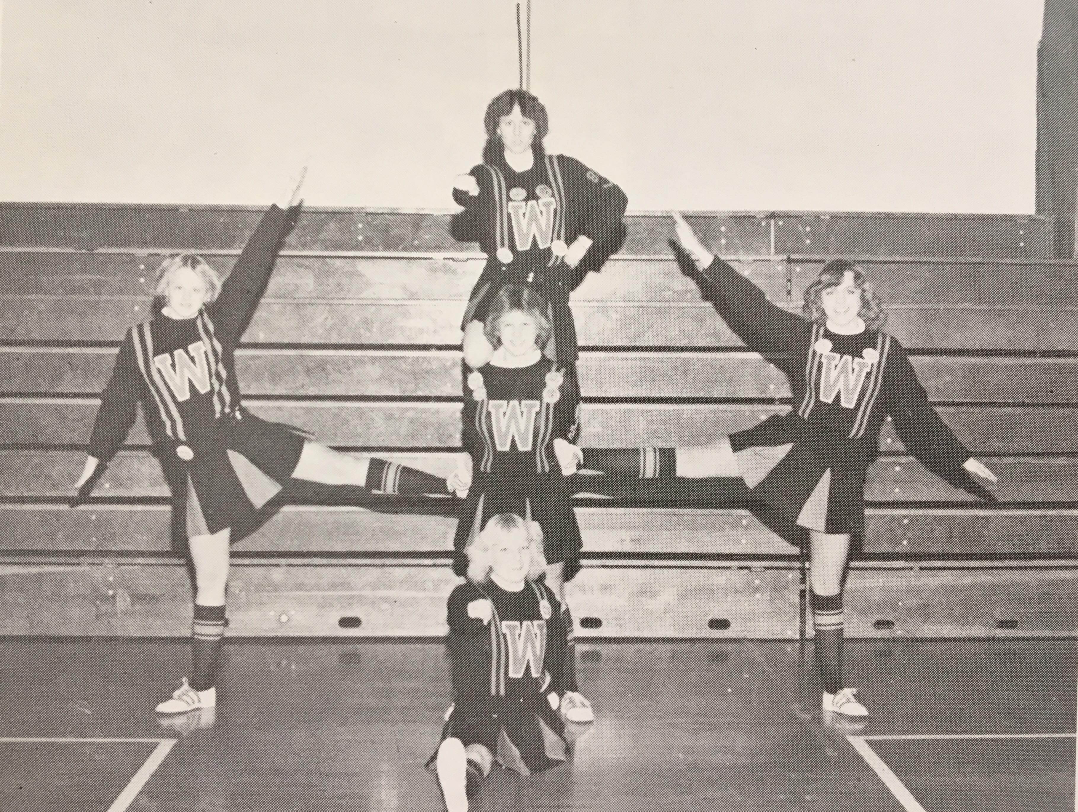1979-1980 Cheerleaders: Left is Rhonda Berg, top center is Edna Steinke, middle center is Karen Faldet, bottom center is Liza Guse, and to the right is Brenda Hanevold.