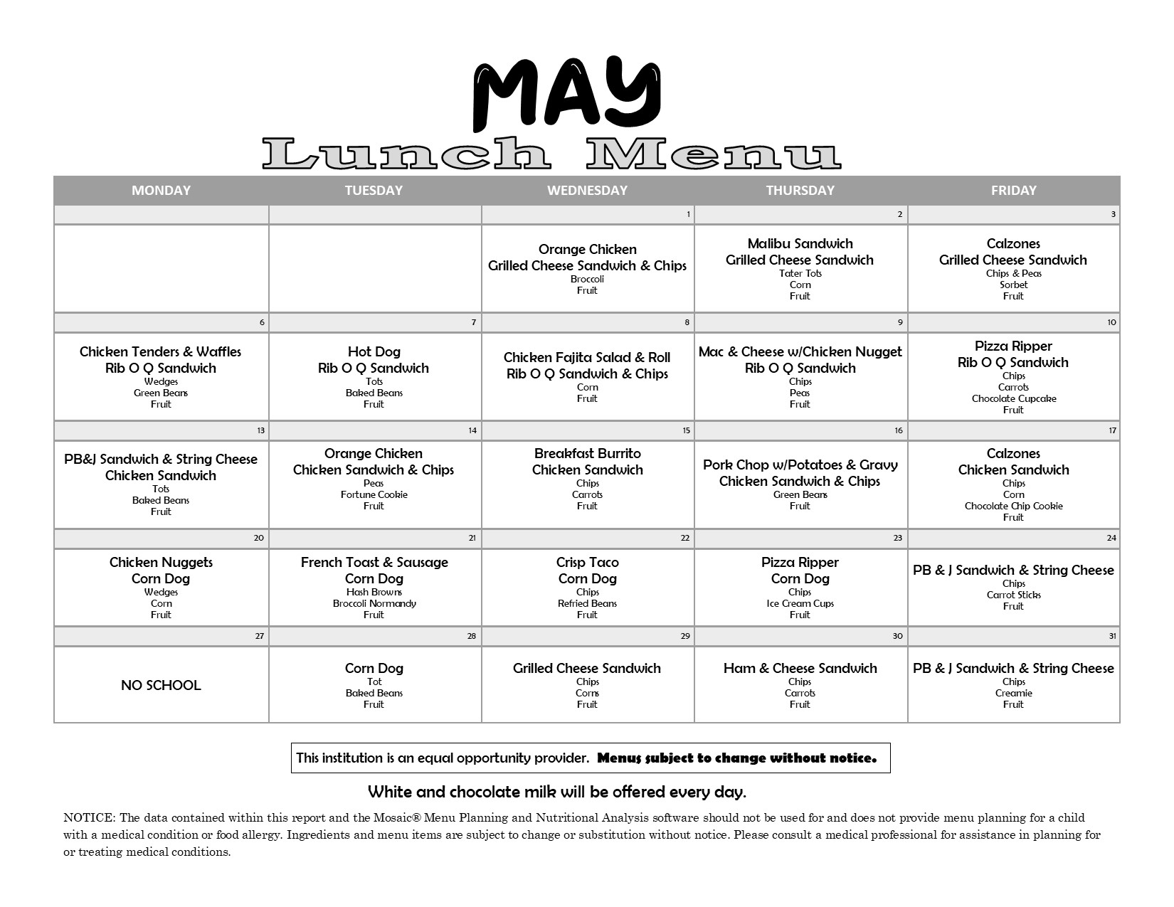 Breakfast/Lunch Menu Fielding Elementary