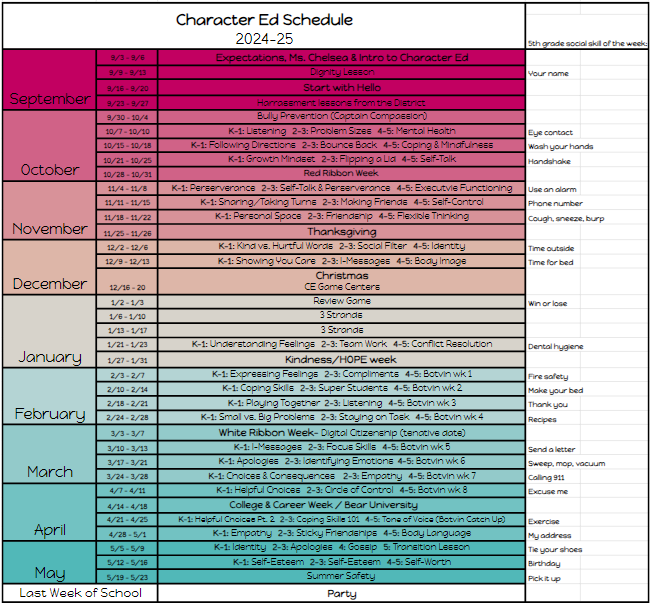 Character Ed Schedule 