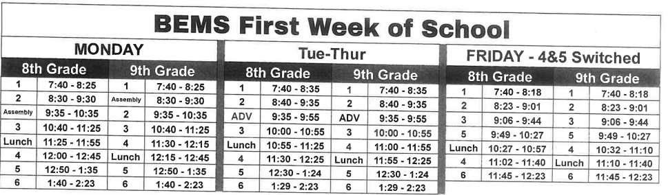 First Week of School Schedule