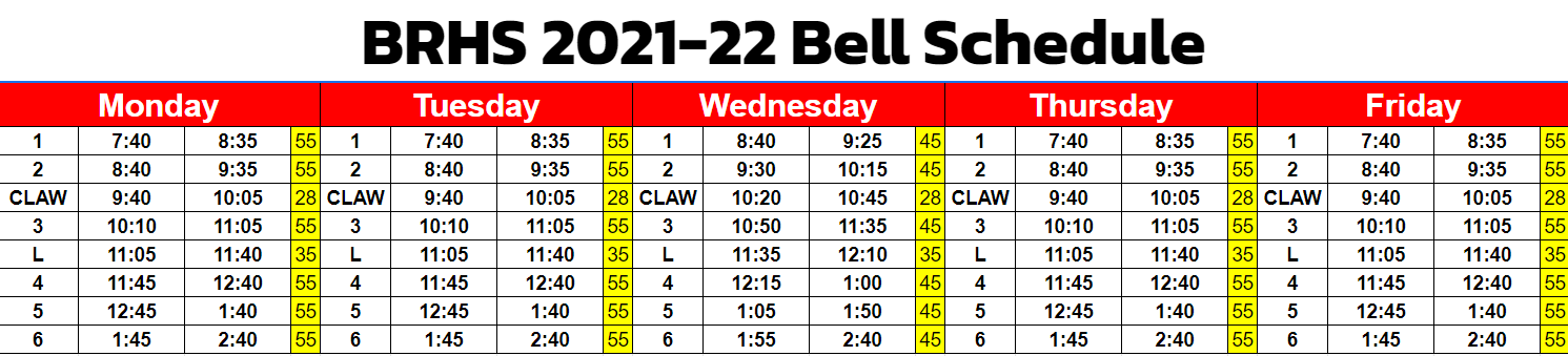 Bell Schedule showing class start and stop times.
