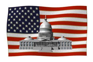 A waving American flag as background and the Capital building in the front
