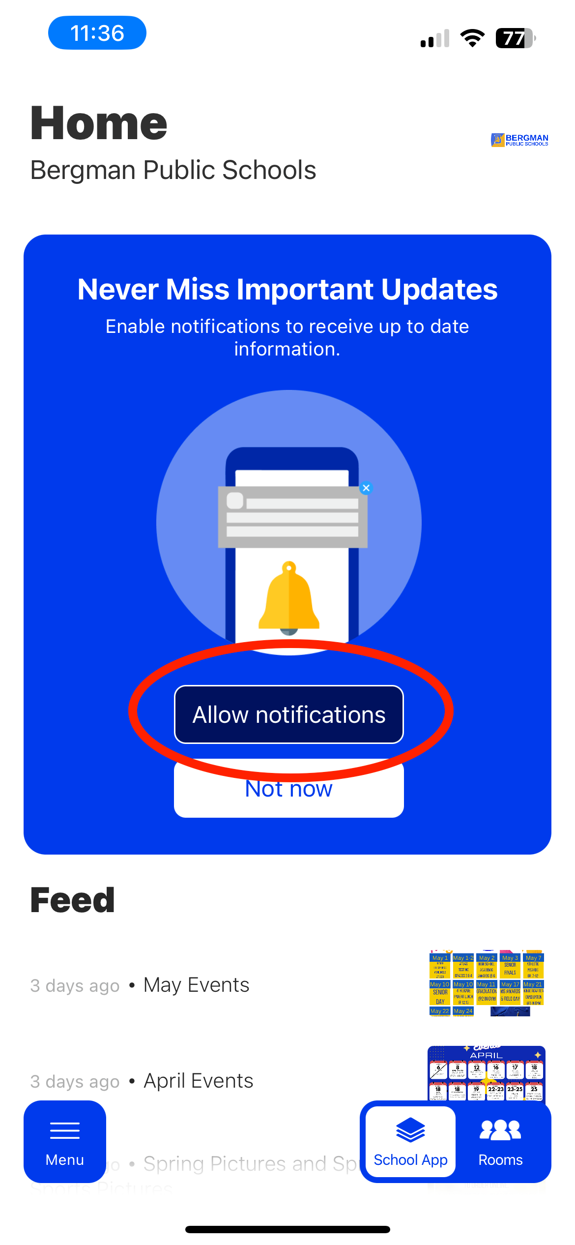 screen capture of Rooms app home screen showing the Allow Notifications button