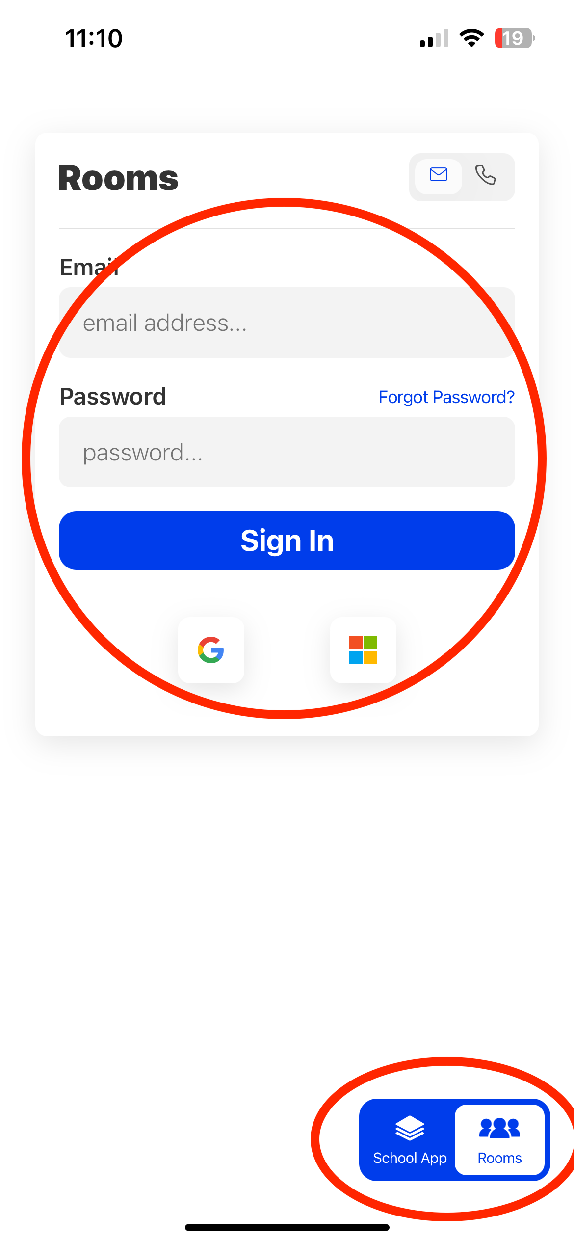 screen capture of app screen showing Rooms toggle button and sign-in area