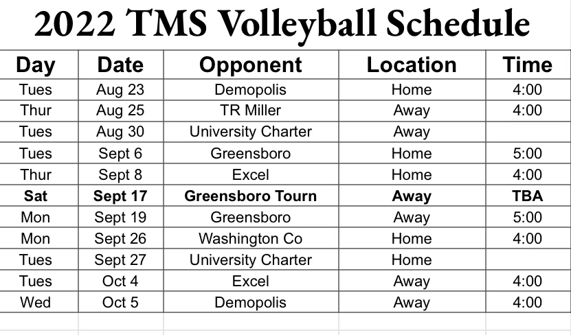 TMS volleyball schedule 2022 update