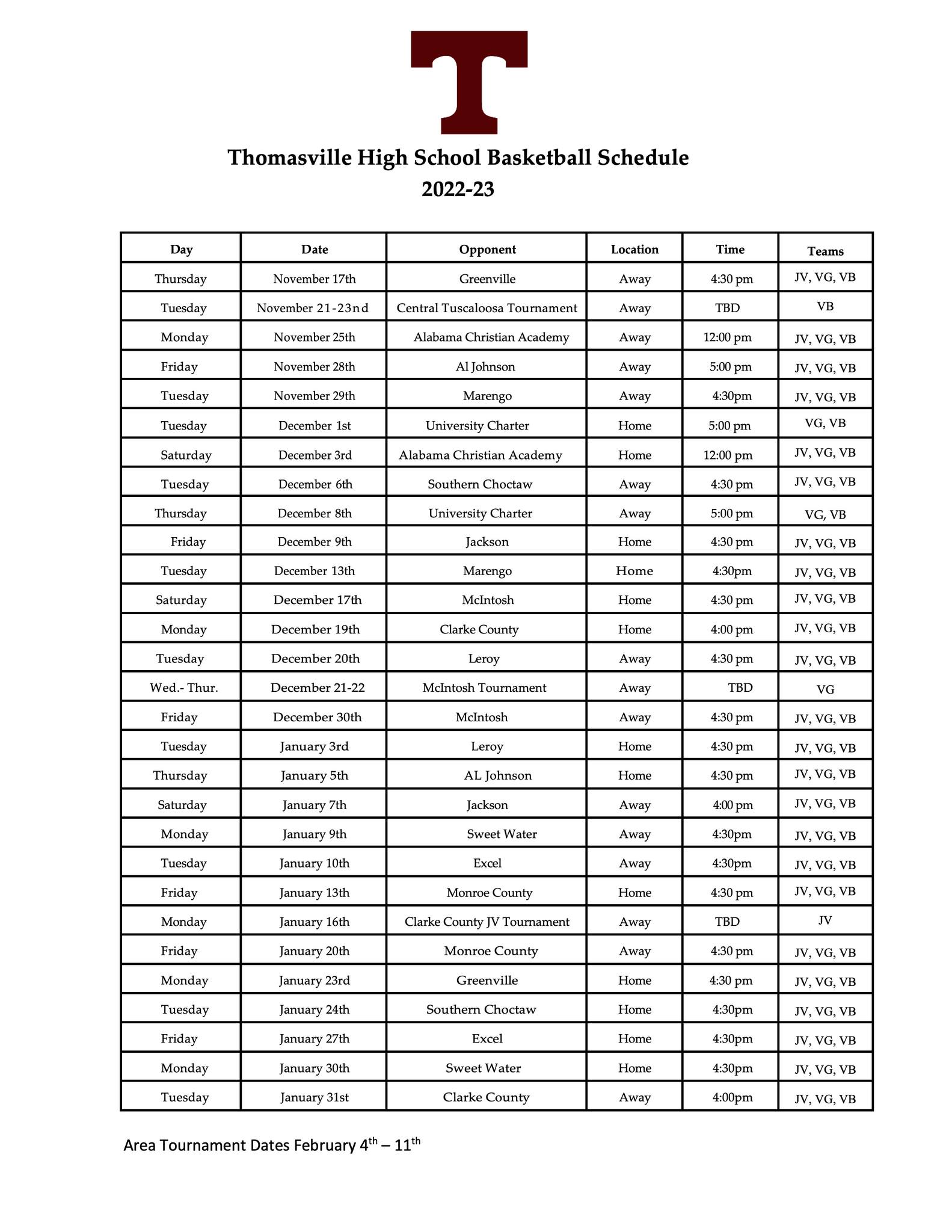 THS basketball schedule 22-23