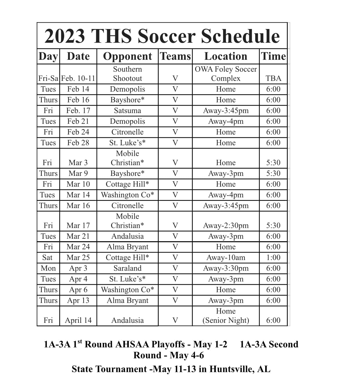 2023 THS soccer schedule