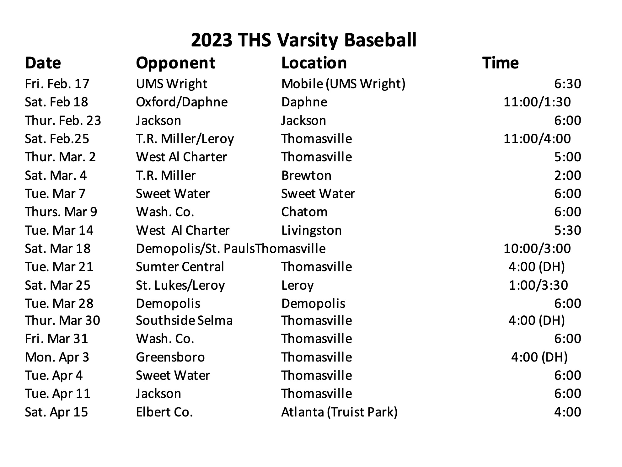 2023 update THS baseball schedule