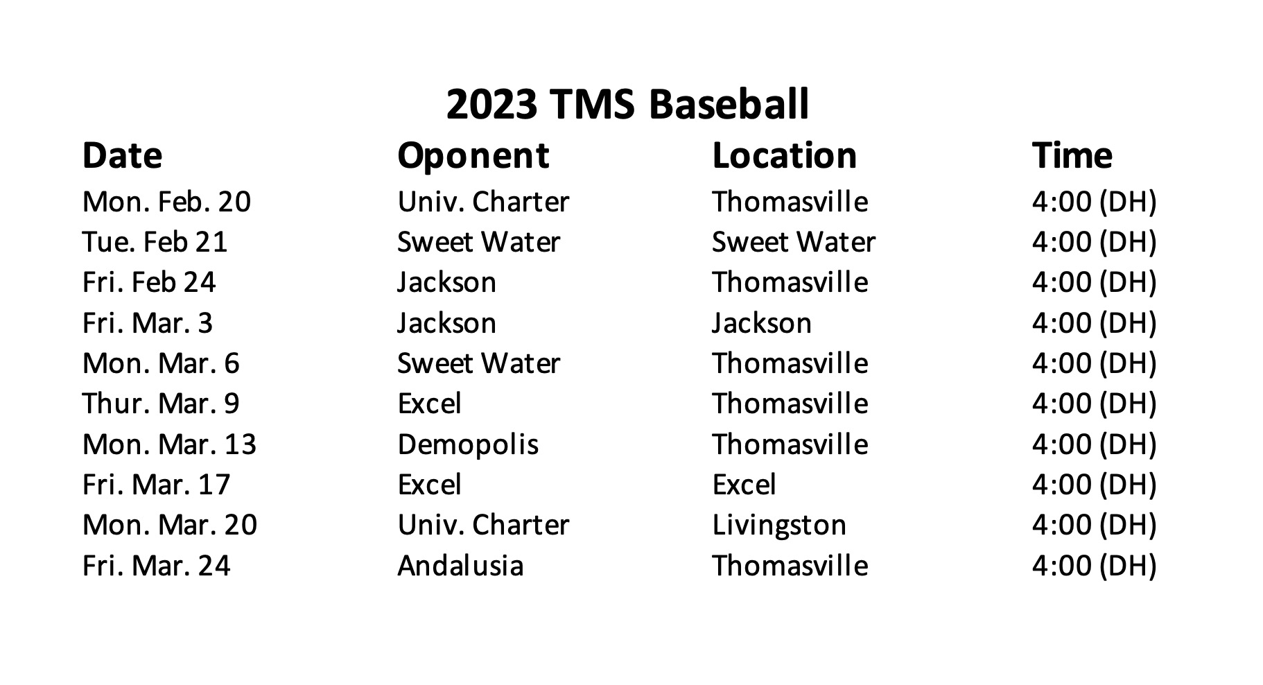 2023 TMS baseball schedule