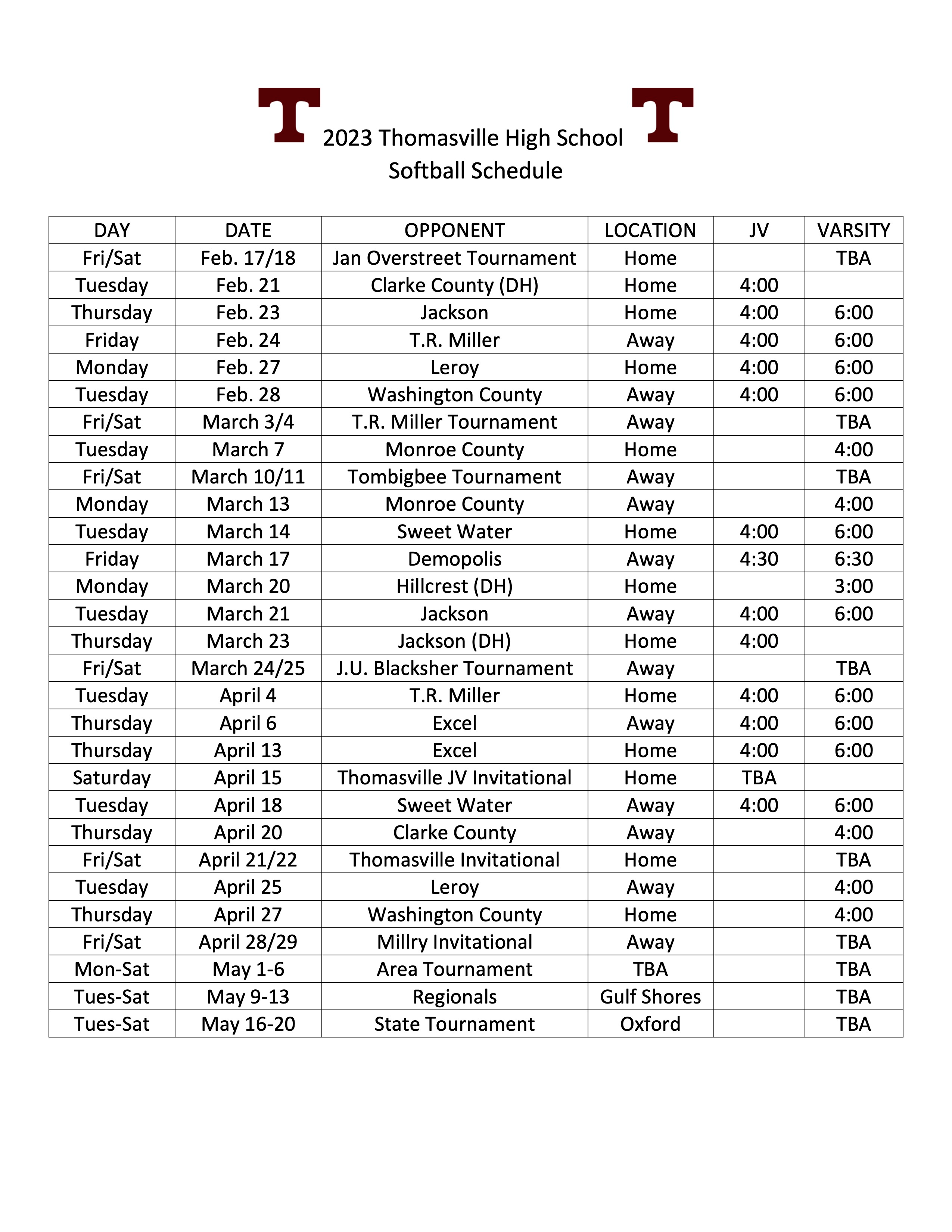 2022 softball schedule