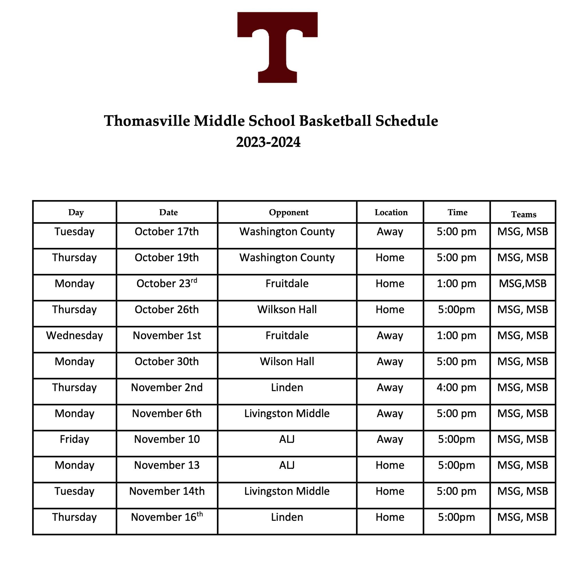 23 TMS basketball schedule