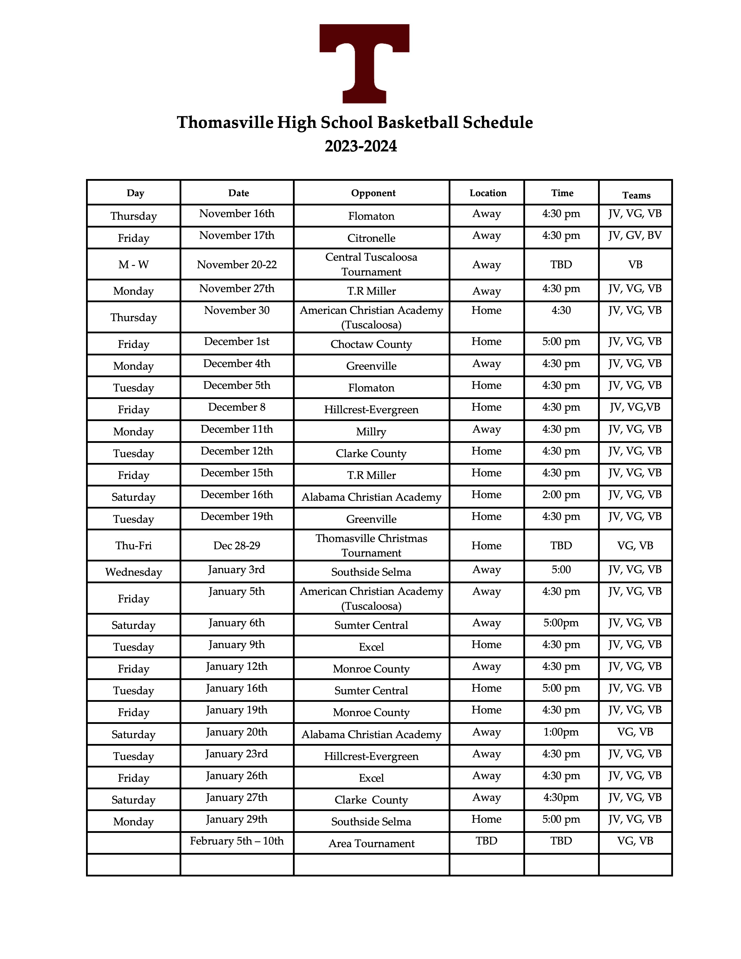 23-24THS basketball schedule