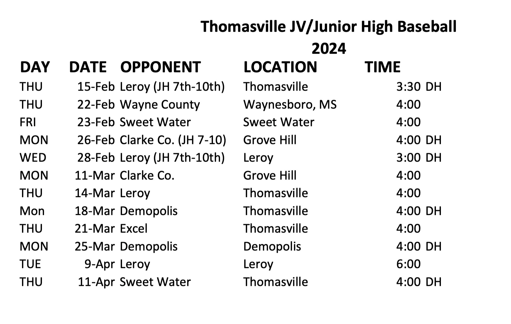 Update THS JV baseball schedule