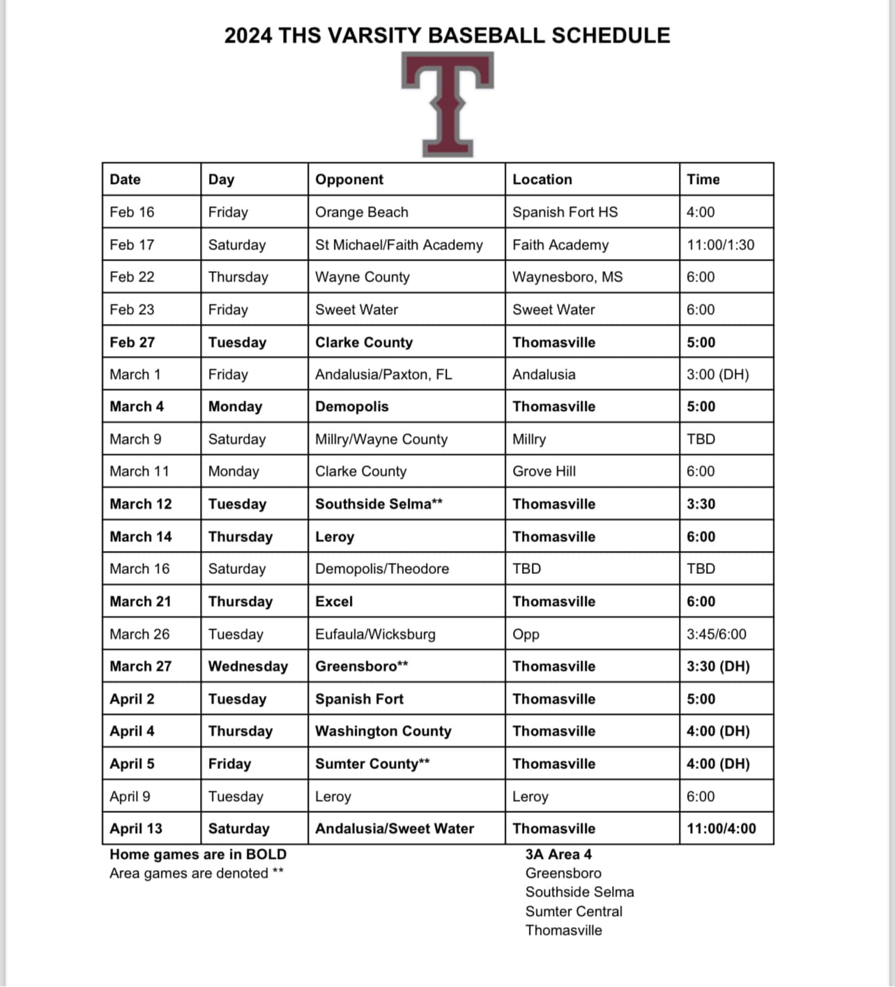 2023 update THS baseball schedule