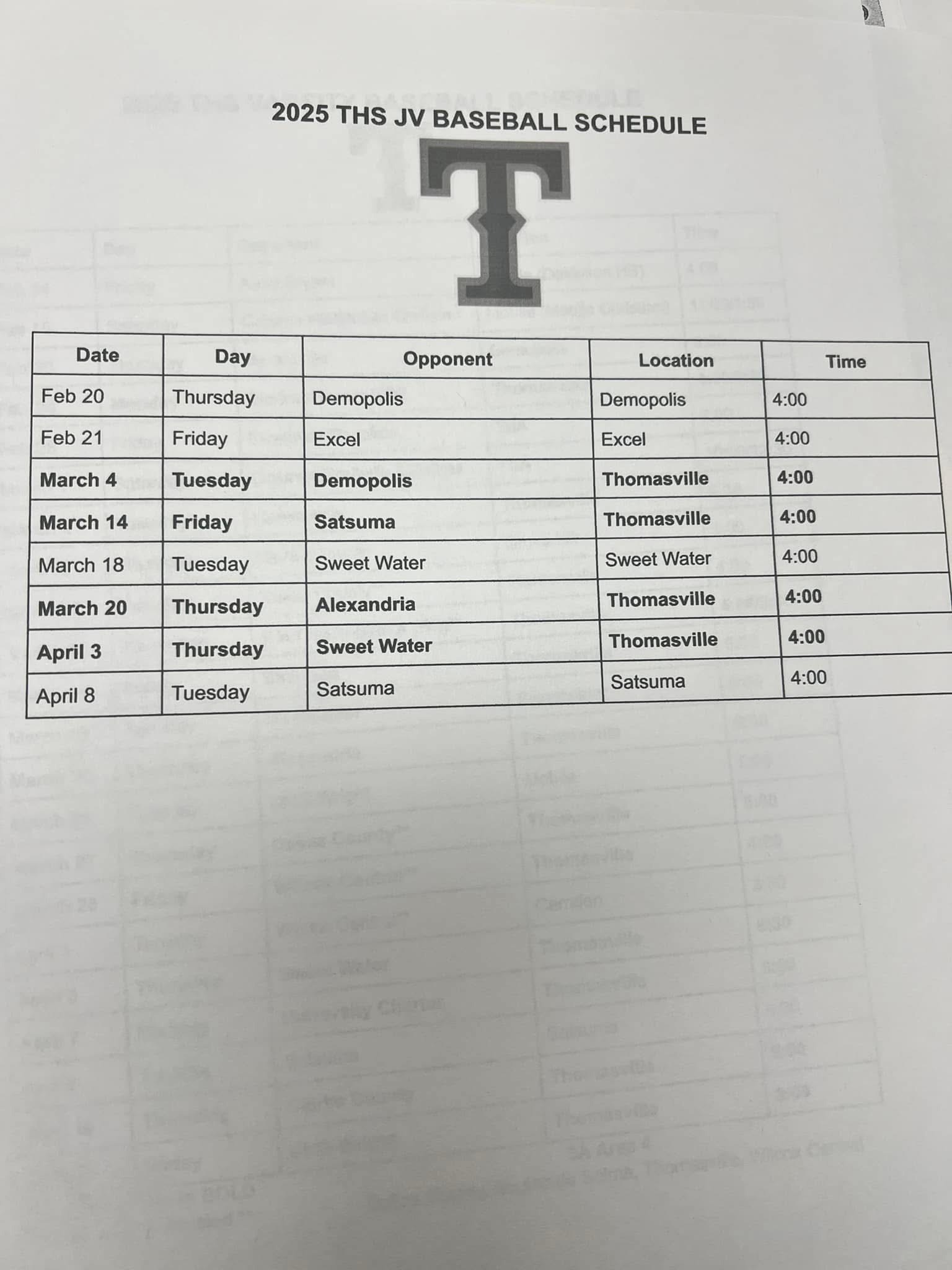 Update THS JV baseball schedule