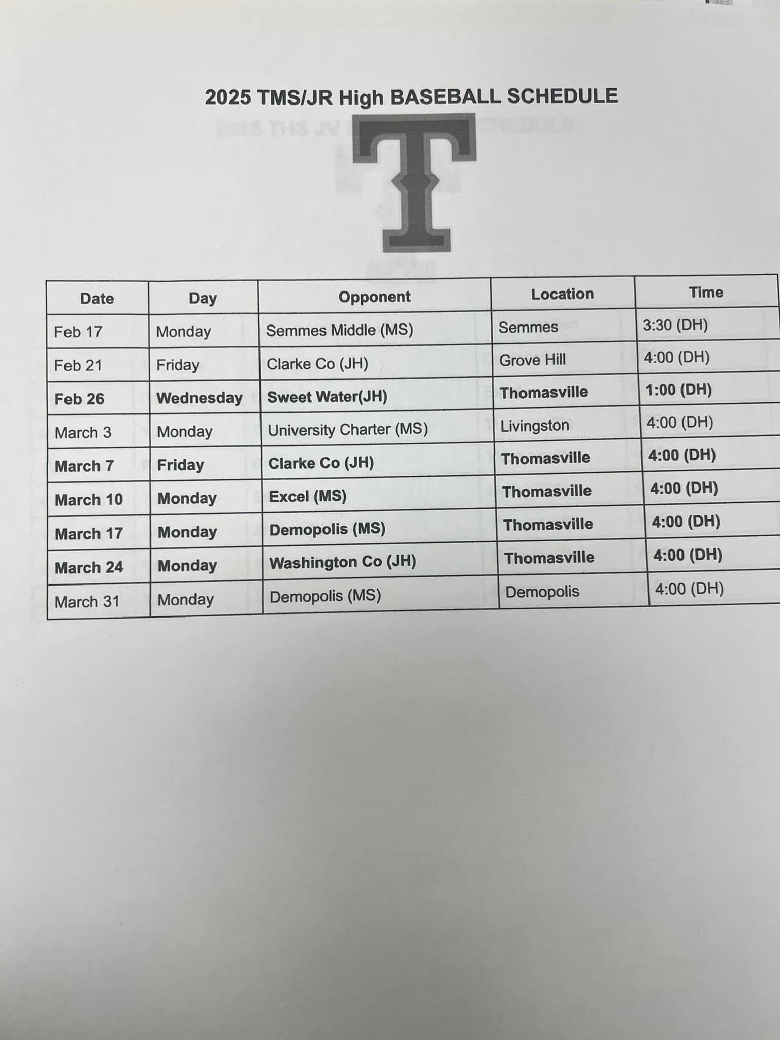 2023 TMS baseball schedule