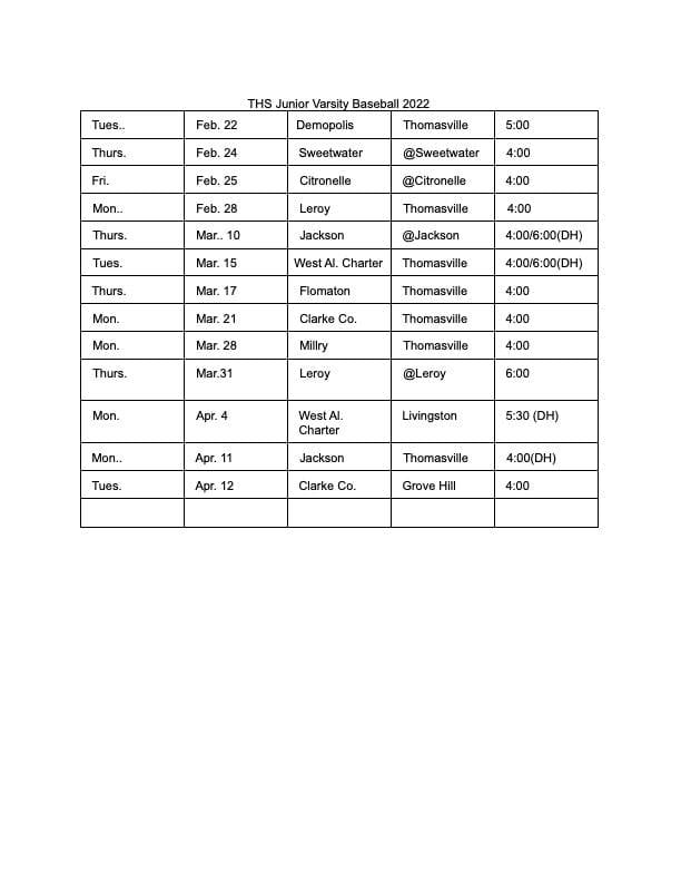 THS JV Baseball Schedule 2022