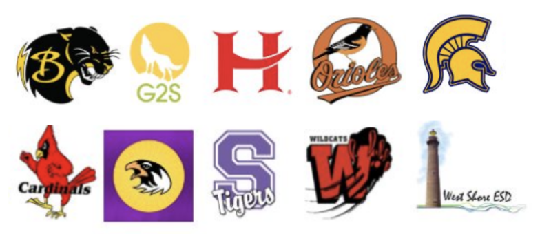 Local Districts mascots - From left to right, top row - cougar, wolf, an "H", Orioles, Trojan Helmet. Bottom row: Cardinals, hawks, Tigers, Wildcats and West Shore ESD