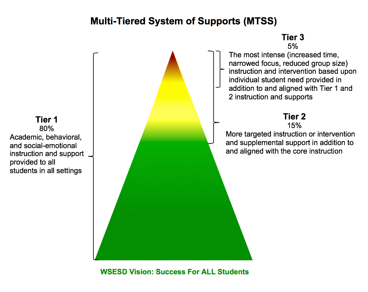 Multi=Tiered System of Supports (MTSS)  Tier 1 80% Academic, behavioral, and social-emotional instruction and support provided to all students in all settings. Tier 2  15% More targeted instruction or intervention and supplemental support in additional to and aligned with the core instruction. Tier 3 5% The most intense (increased time, narrowed focus, reduced group size) instruction and intervention based upon individual student need provided in additional to and aligned with Tier 1 and 2 instruction and supports