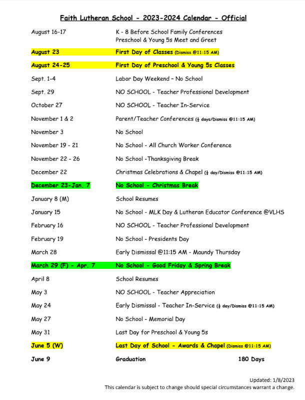 2023 24 School Calendar Faith Lutheran School