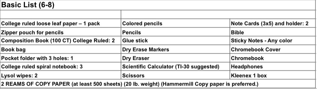 middle school supply list
