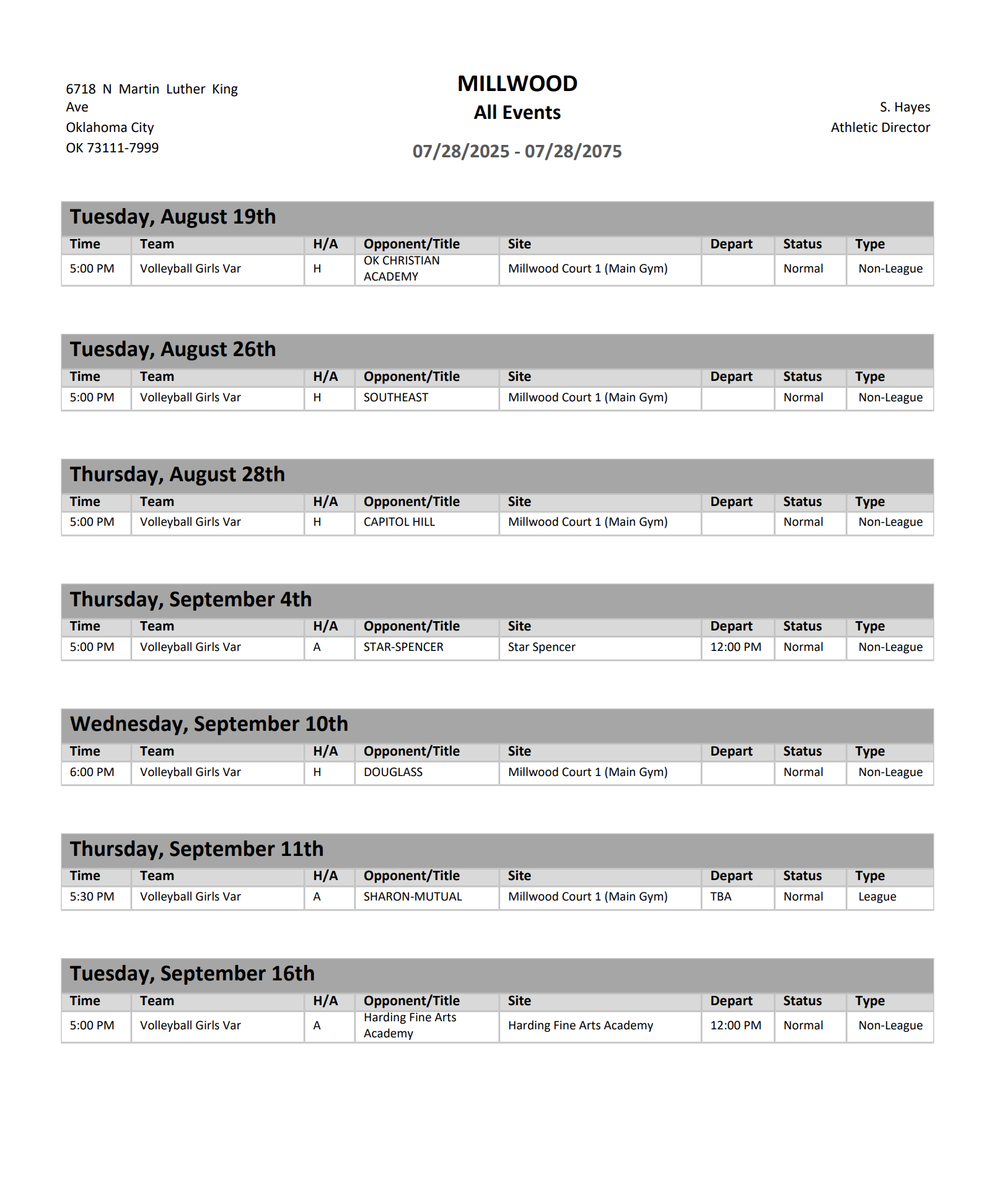 Volleyball schedule