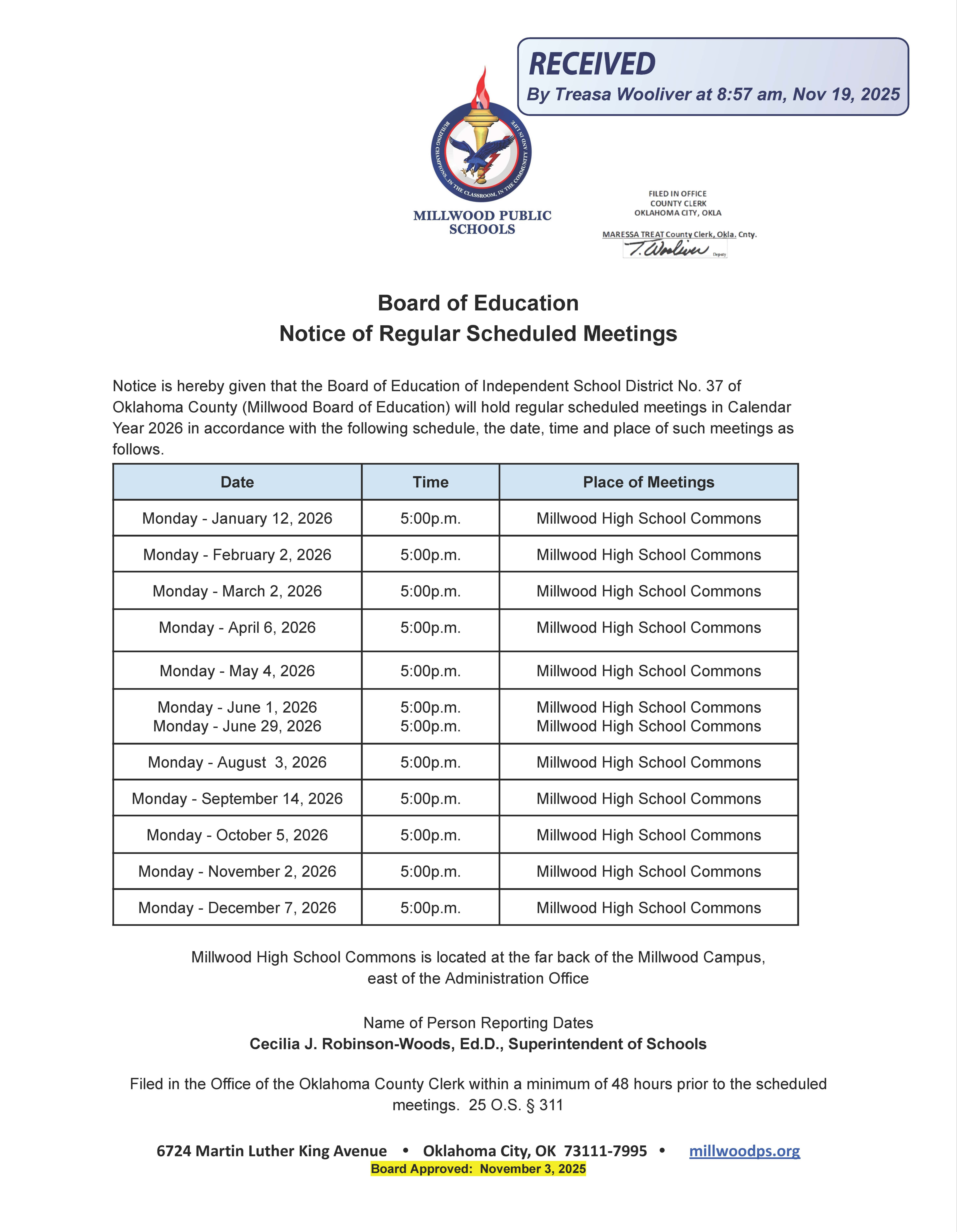 Notice of 2024 Regular Board of Education Meetings